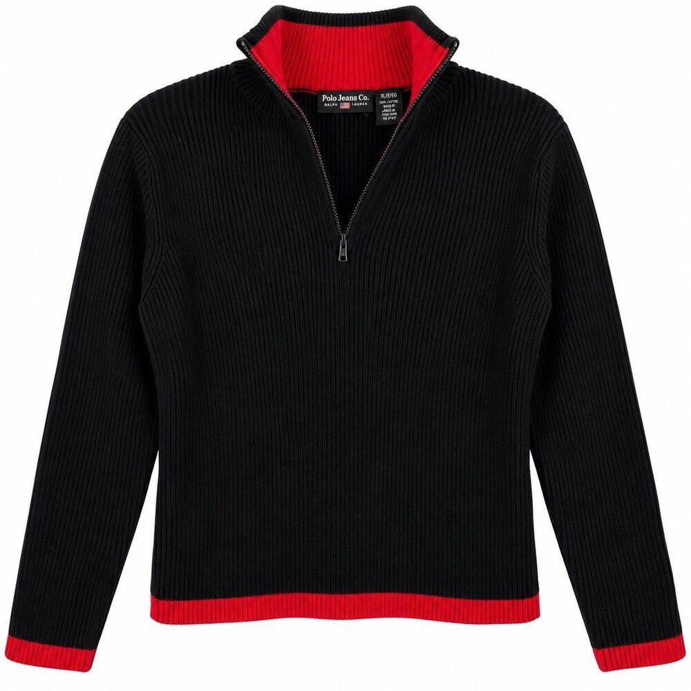 Polo Jeans Co Ralph Lauren Womens XL Black Red 1/4 Zip Ribbed Cotton Sweater